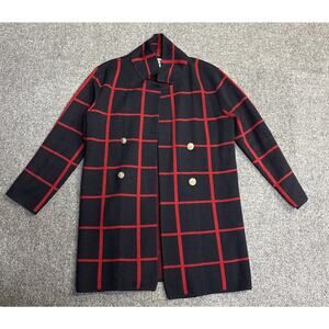 Anne Klein Open Cardigan Checker Sweater Red & Navy Gold Buttons Classic Preppy
